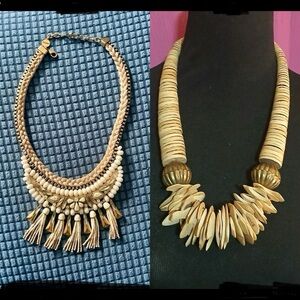 Bundle of 2 statement necklaces 1 wood gold cream beads rhinestone tassel tribal